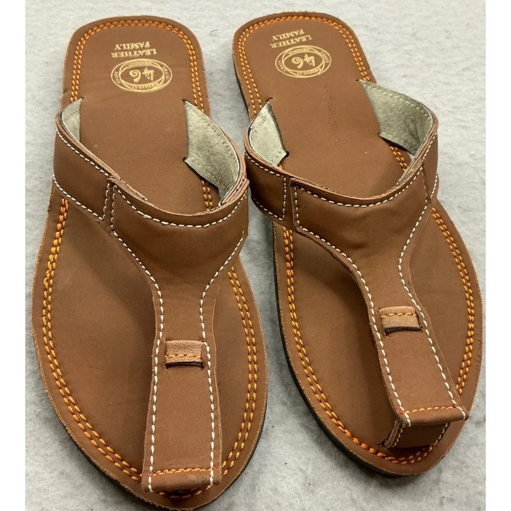 Leather Family Brown Leather T-Strap Sandals Contrast Stitch Mens Size 12 Boho